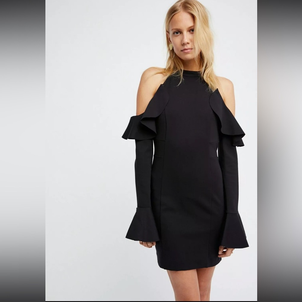 Free People Sweet Talk Black Cold Shoulder Ruffle Mini Dress